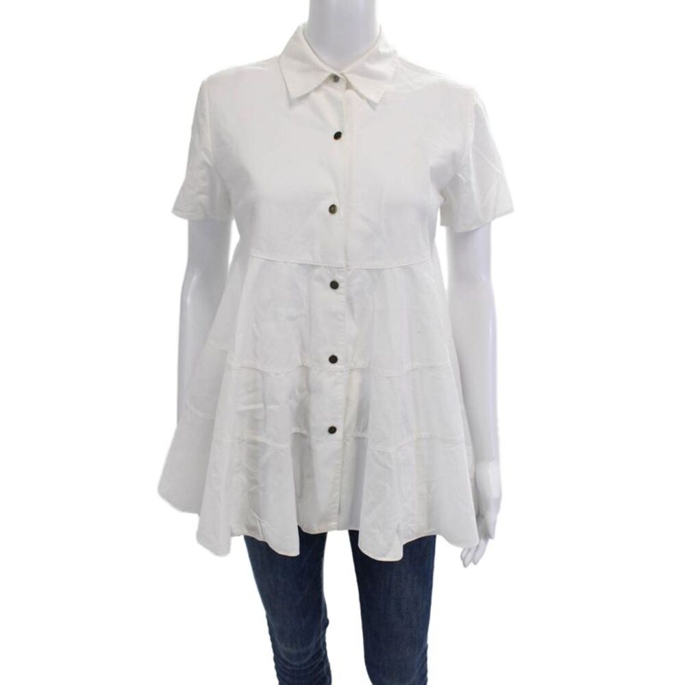 CO Women Collared Tunic Blouse Short Sleeve Cotton White Size S